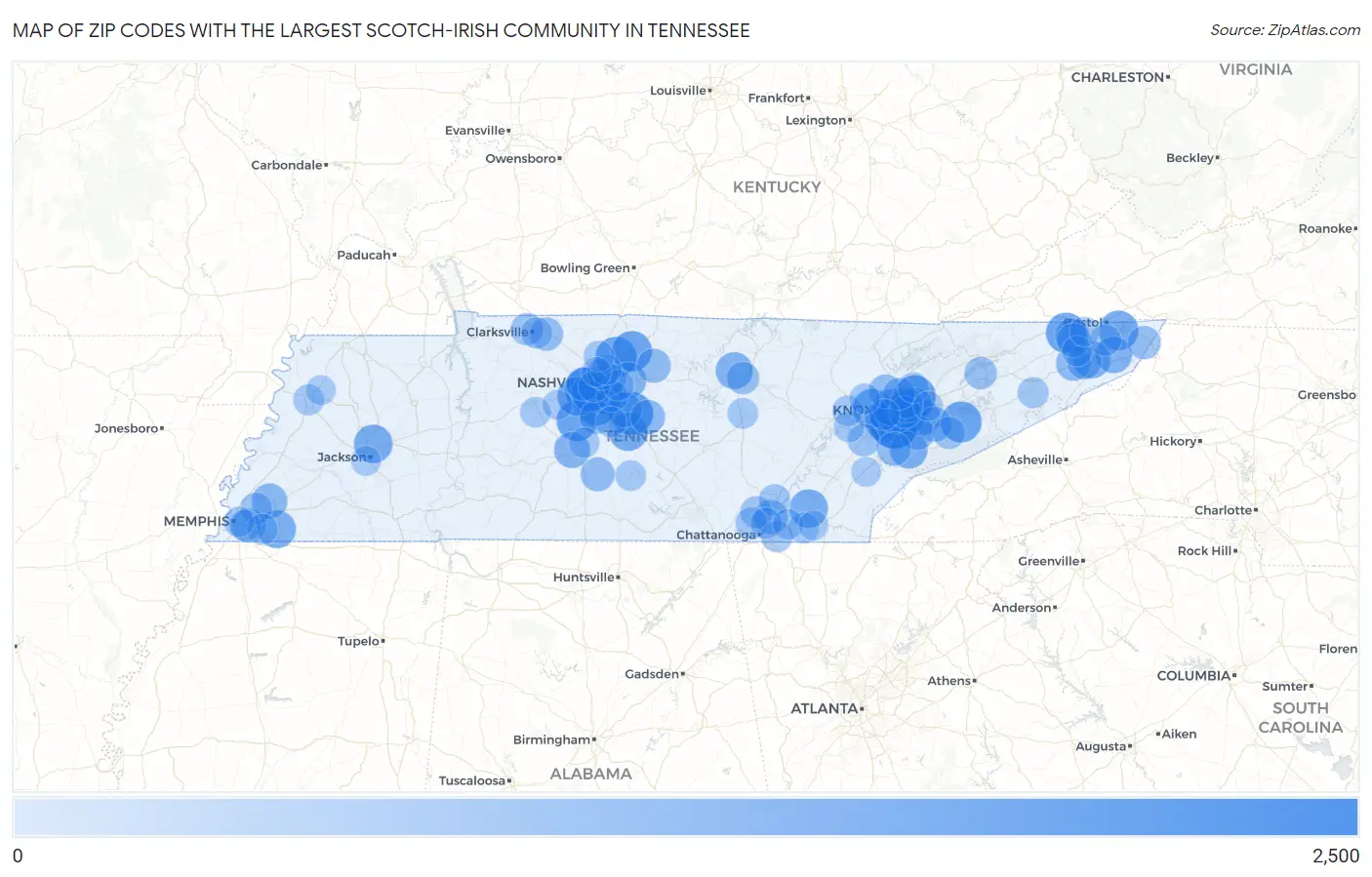 Zip Codes with the Largest Scotch-Irish Community in Tennessee Map