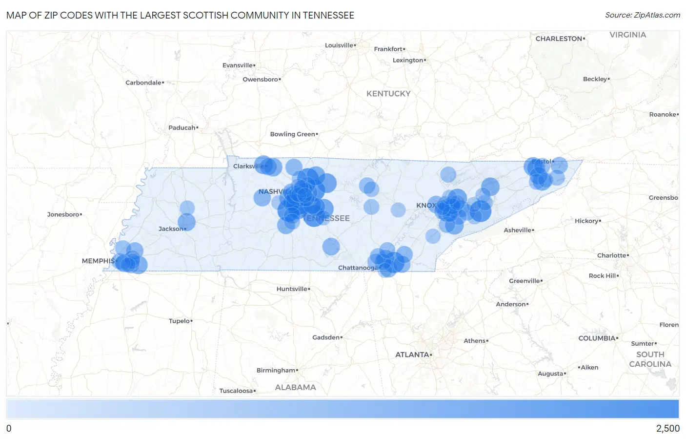 Zip Codes with the Largest Scottish Community in Tennessee Map