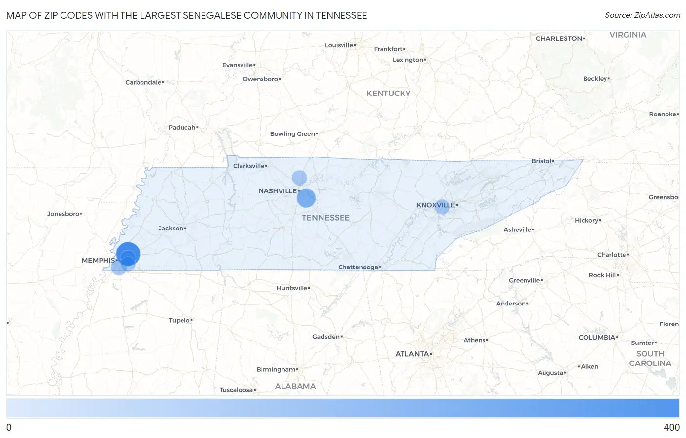 Zip Codes with the Largest Senegalese Community in Tennessee Map