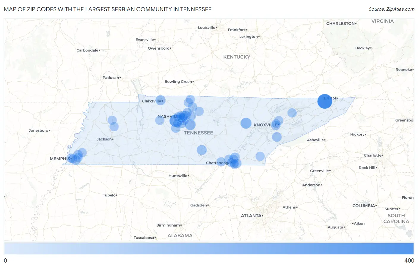 Zip Codes with the Largest Serbian Community in Tennessee Map