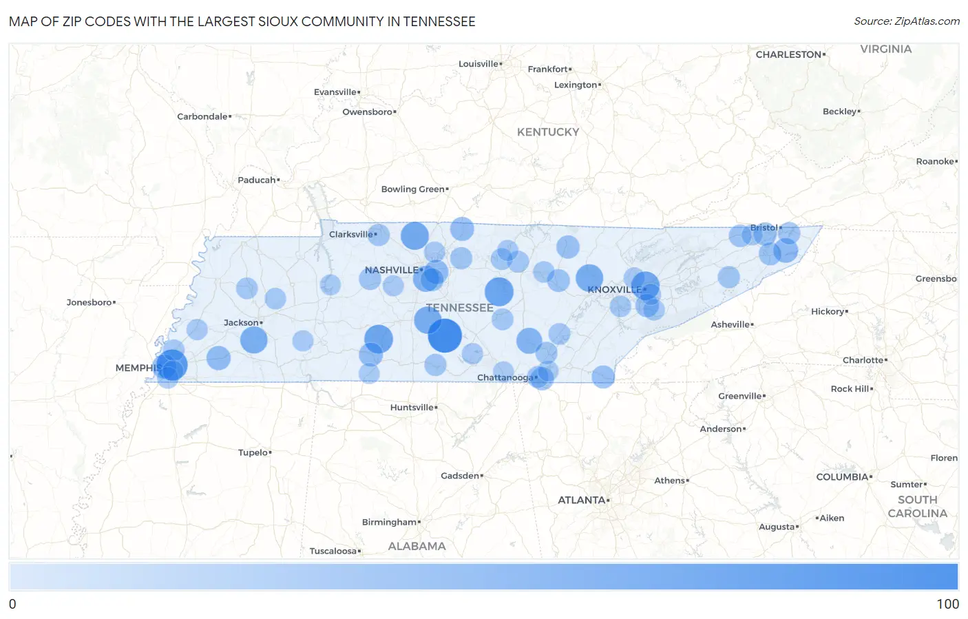 Zip Codes with the Largest Sioux Community in Tennessee Map