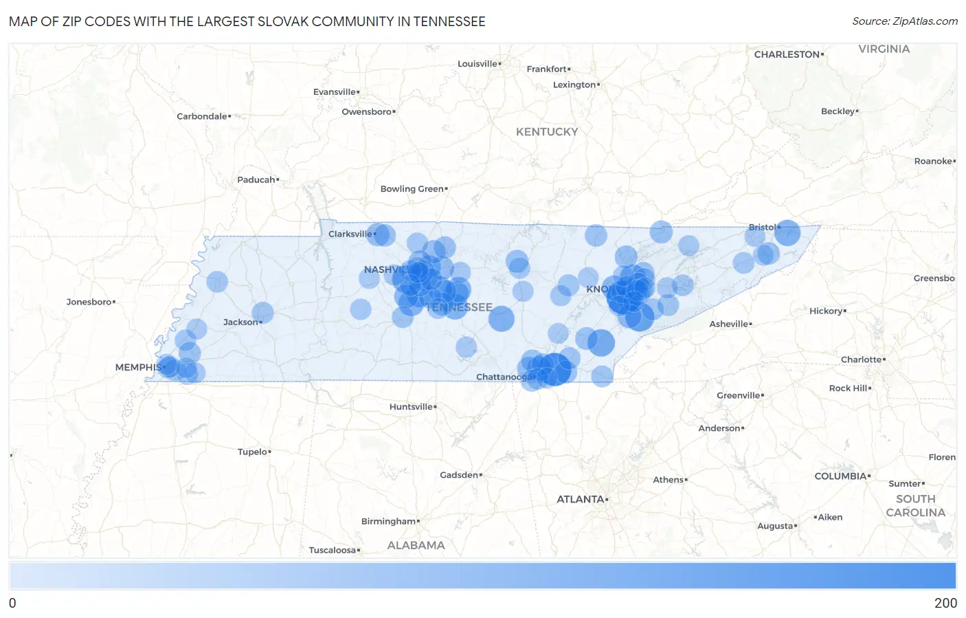 Zip Codes with the Largest Slovak Community in Tennessee Map