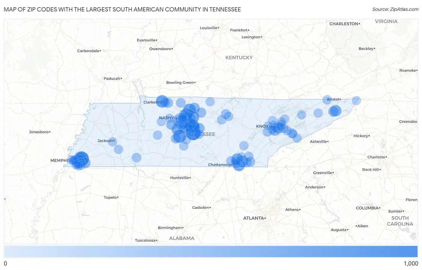 Zip Codes with the Largest South American Community in Tennessee Map