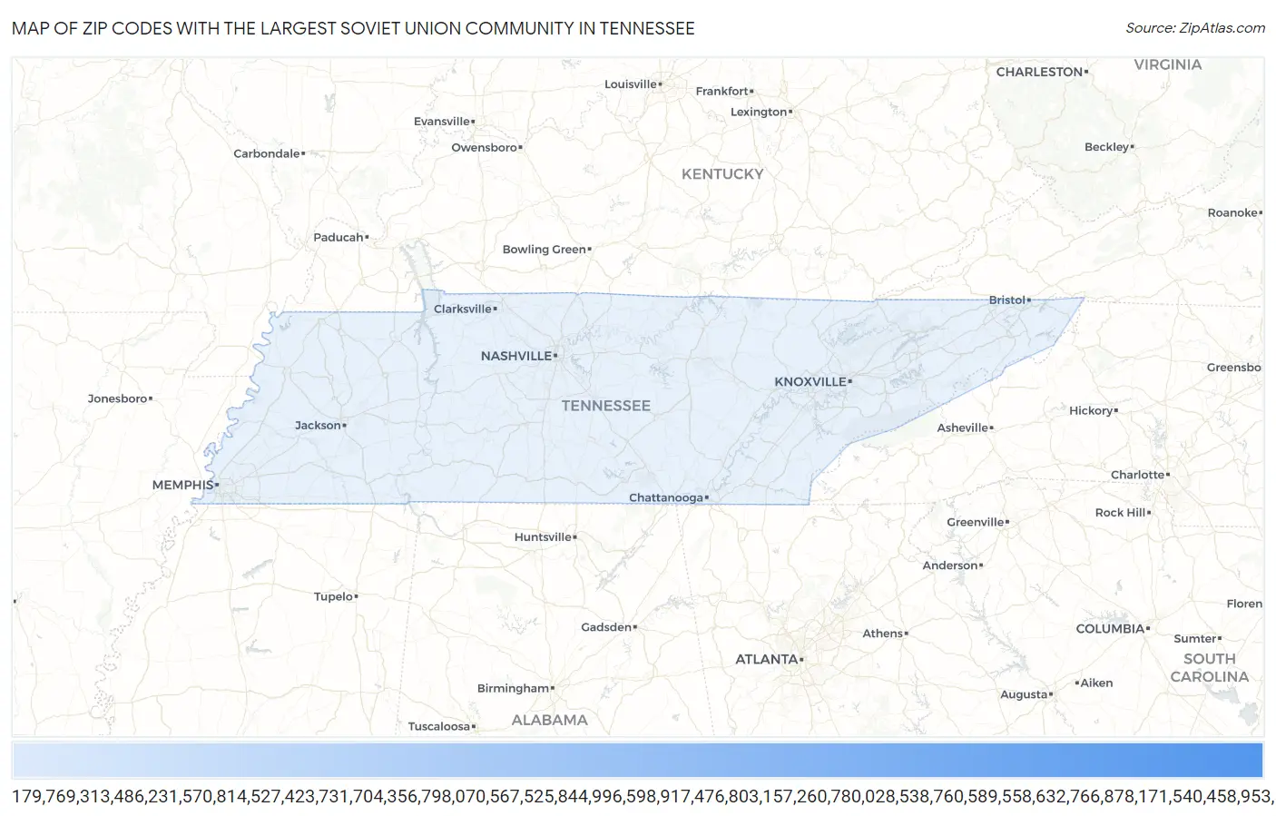 Zip Codes with the Largest Soviet Union Community in Tennessee Map