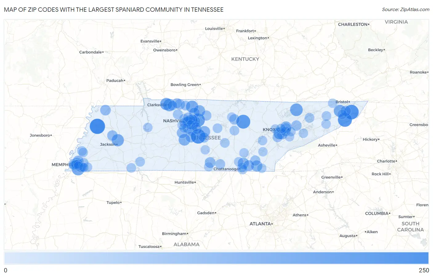 Zip Codes with the Largest Spaniard Community in Tennessee Map