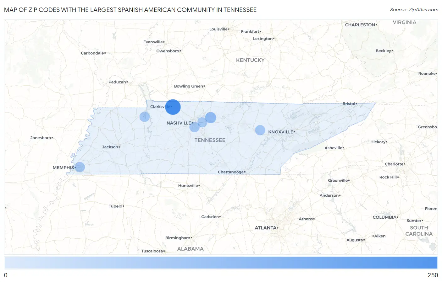 Zip Codes with the Largest Spanish American Community in Tennessee Map