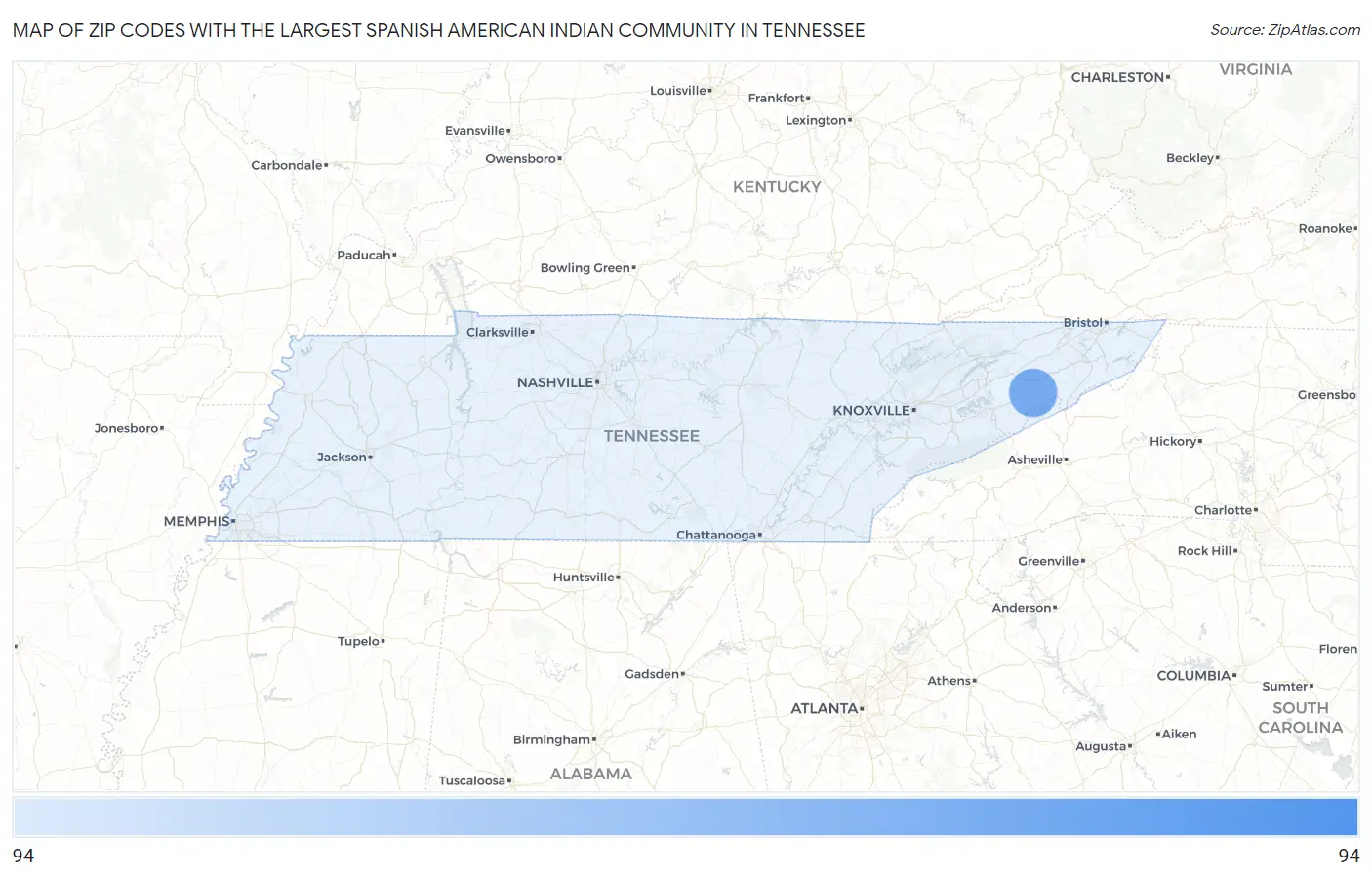 Zip Codes with the Largest Spanish American Indian Community in Tennessee Map