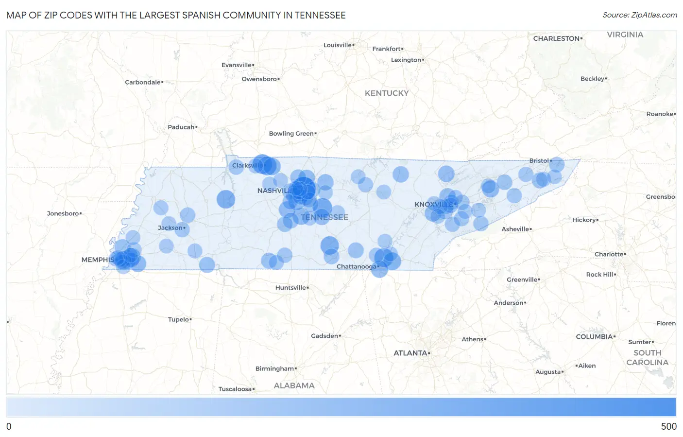 Zip Codes with the Largest Spanish Community in Tennessee Map