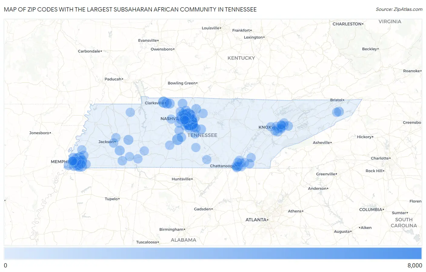 Zip Codes with the Largest Subsaharan African Community in Tennessee Map