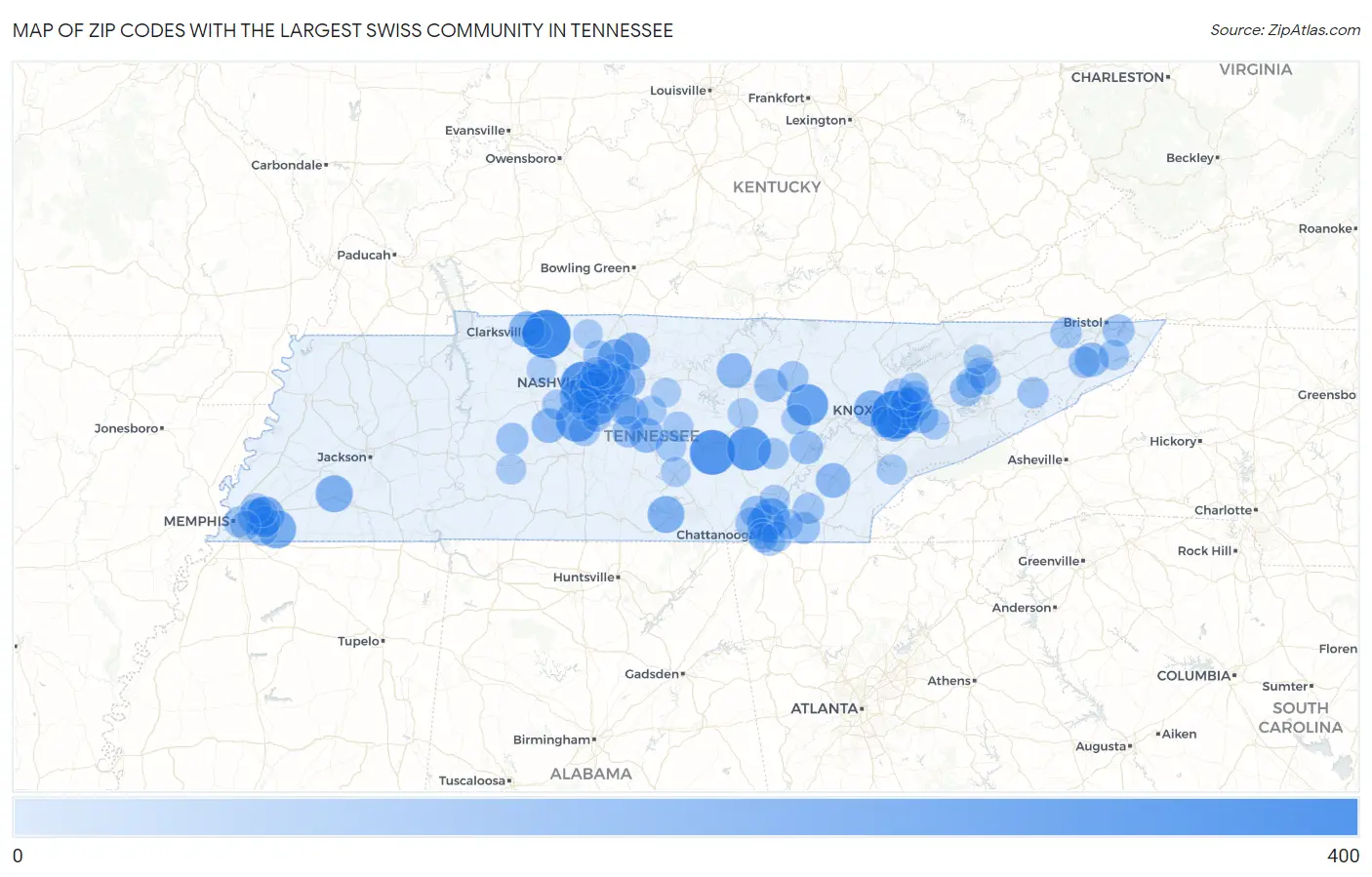 Zip Codes with the Largest Swiss Community in Tennessee Map