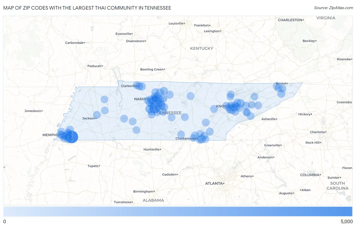 Zip Codes with the Largest Thai Community in Tennessee Map