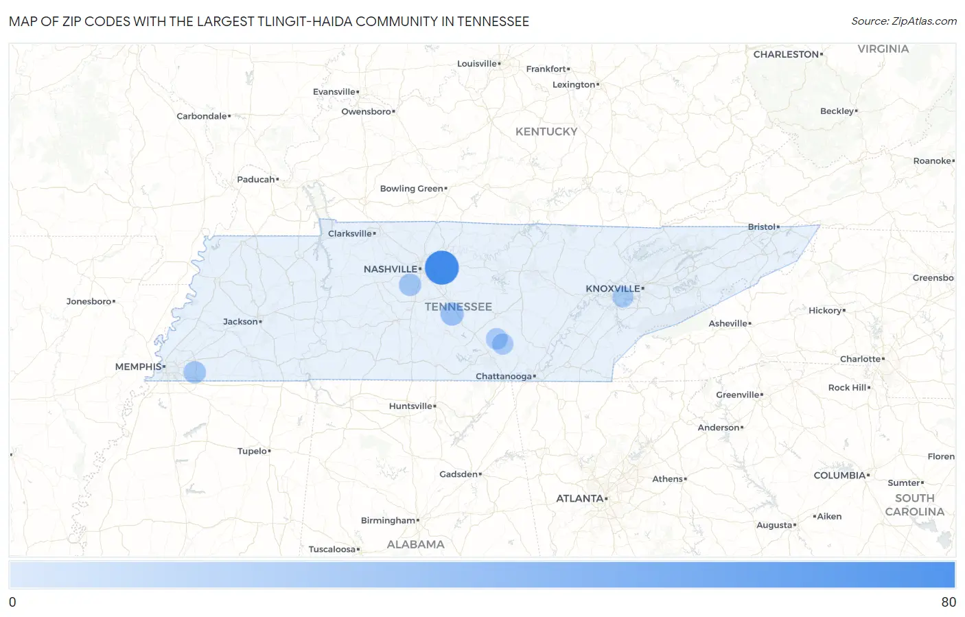 Zip Codes with the Largest Tlingit-Haida Community in Tennessee Map