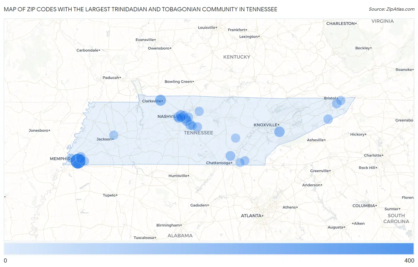 Zip Codes with the Largest Trinidadian and Tobagonian Community in Tennessee Map