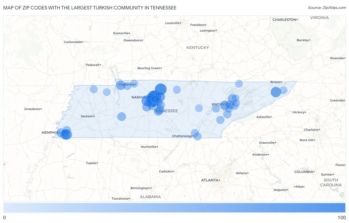 Zip Codes with the Largest Turkish Community in Tennessee Map