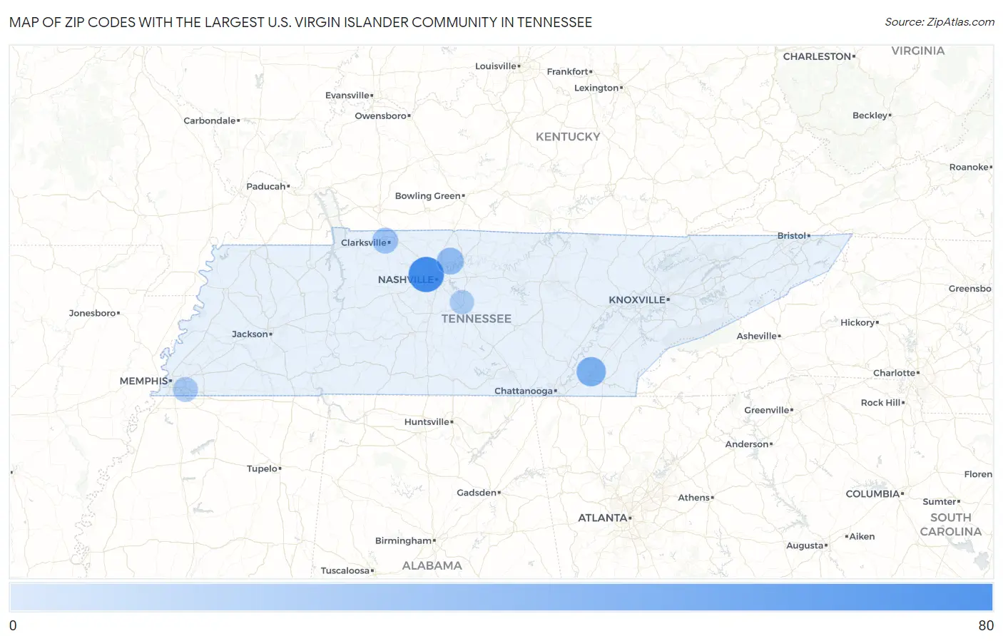 Zip Codes with the Largest U.S. Virgin Islander Community in Tennessee Map