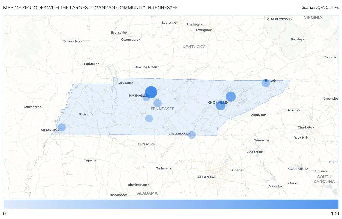 Zip Codes with the Largest Ugandan Community in Tennessee Map