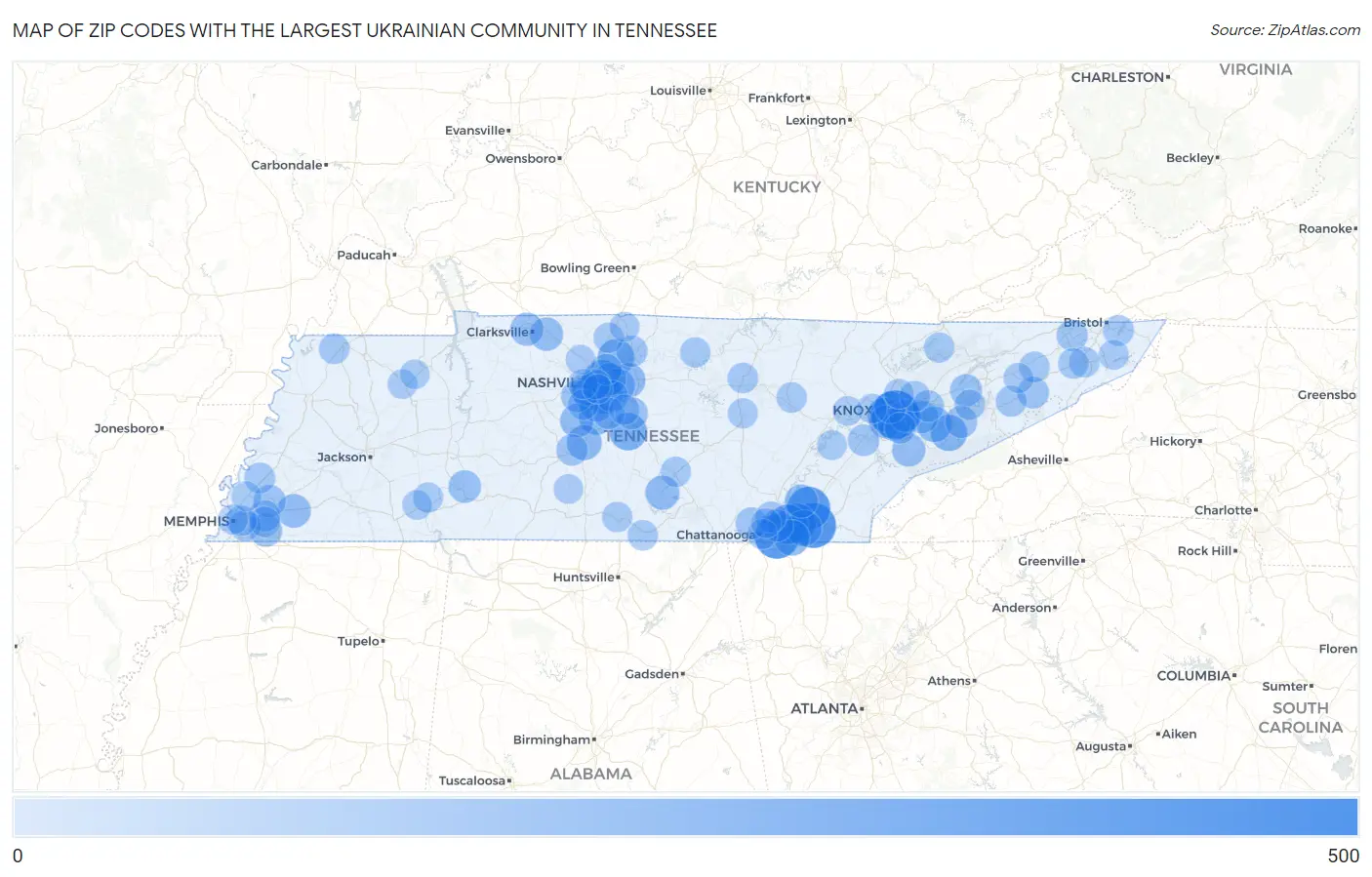 Zip Codes with the Largest Ukrainian Community in Tennessee Map