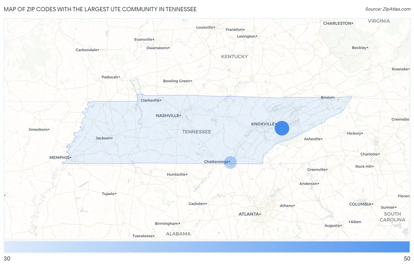 Zip Codes with the Largest Ute Community in Tennessee Map