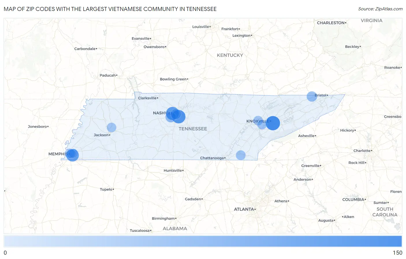 Zip Codes with the Largest Vietnamese Community in Tennessee Map