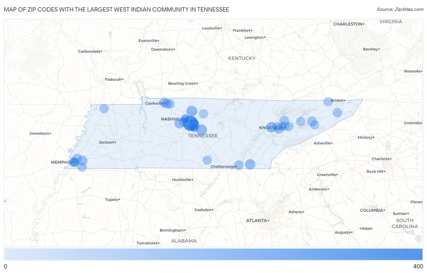 Zip Codes with the Largest West Indian Community in Tennessee Map