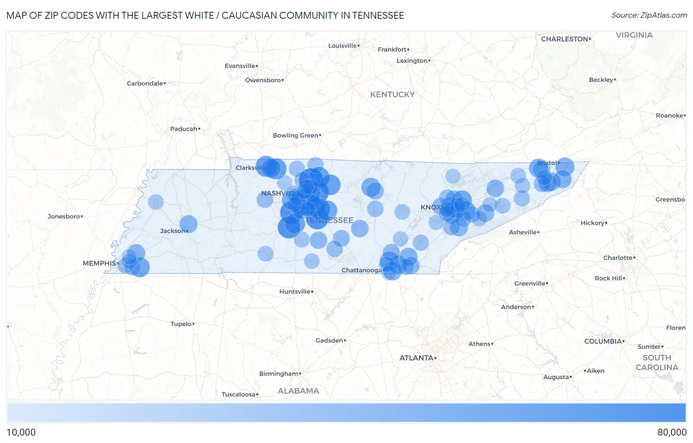 Zip Codes with the Largest White / Caucasian Community in Tennessee Map