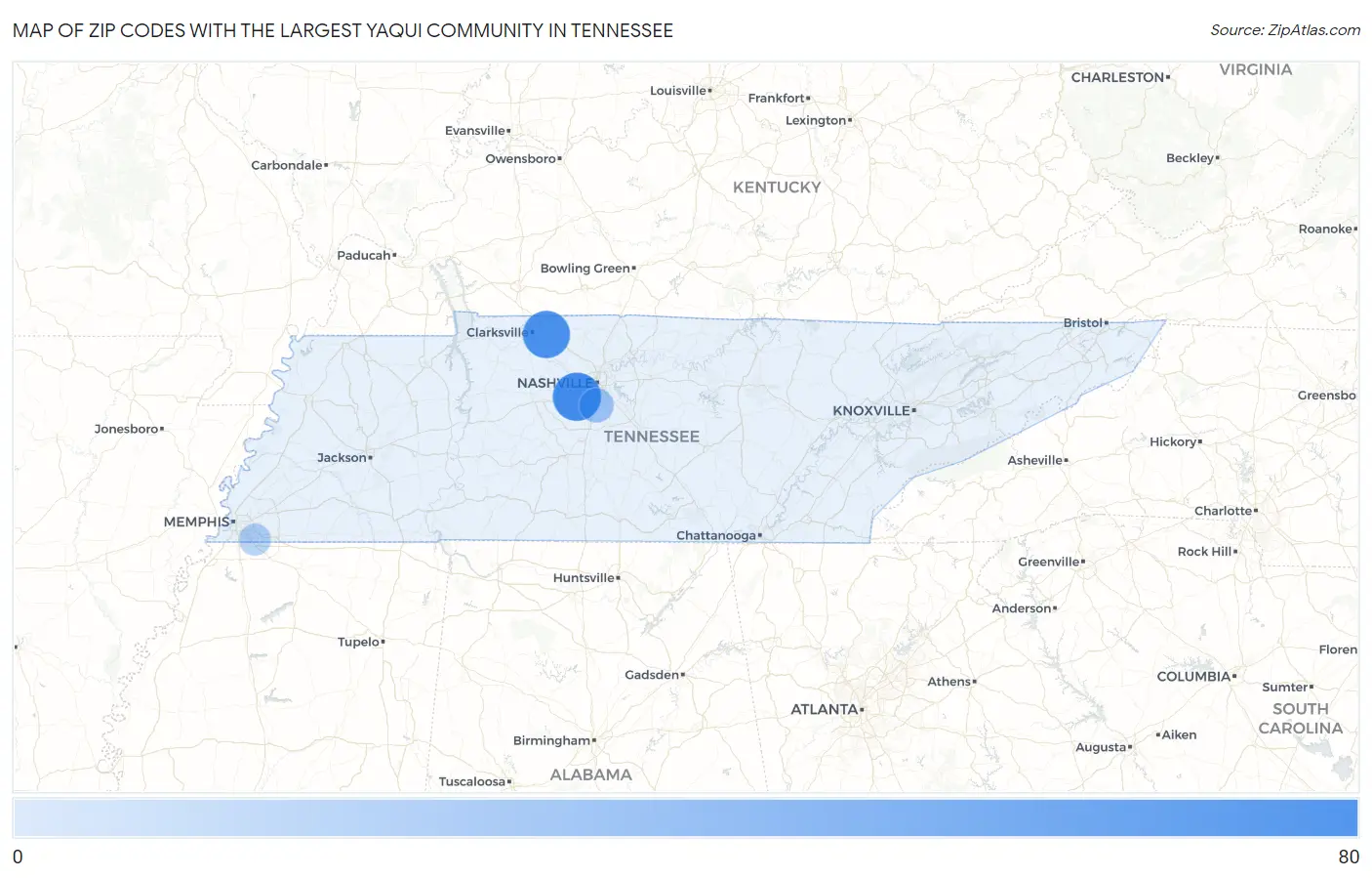 Zip Codes with the Largest Yaqui Community in Tennessee Map