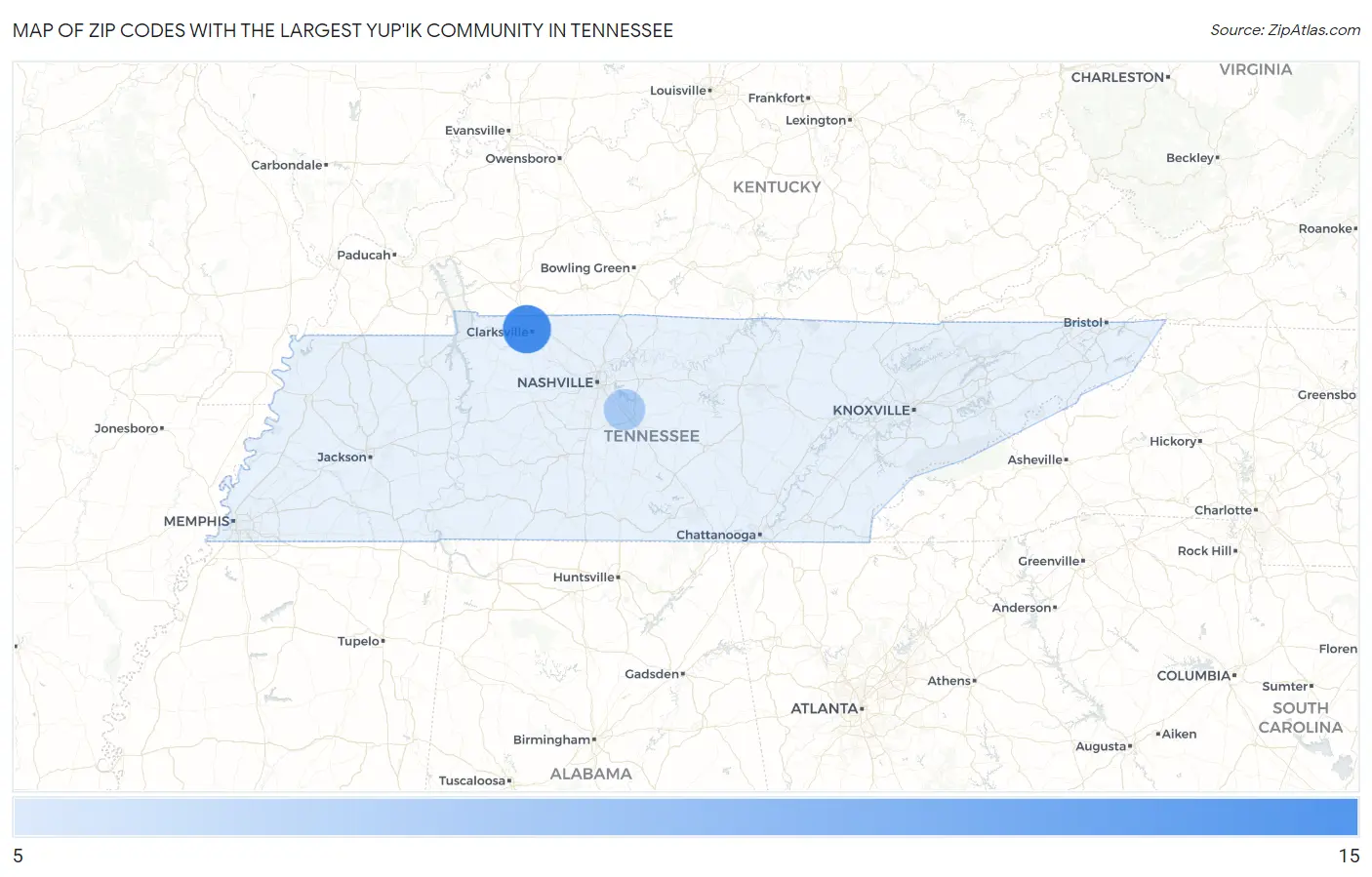 Zip Codes with the Largest Yup'ik Community in Tennessee Map