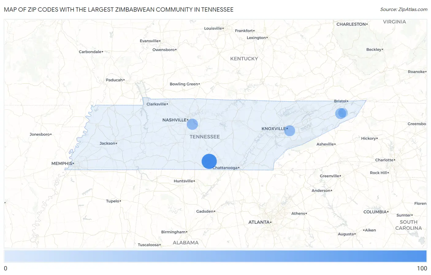 Zip Codes with the Largest Zimbabwean Community in Tennessee Map