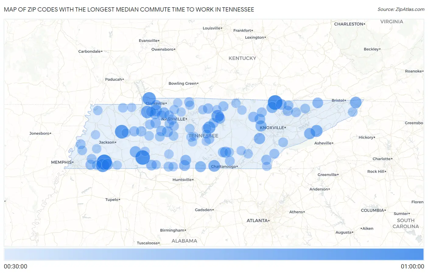 Zip Codes with the Longest Median Commute Time to Work in Tennessee Map