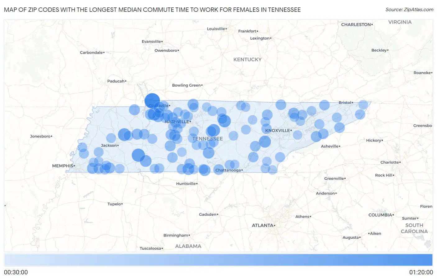 Zip Codes with the Longest Median Commute Time to Work for Females in Tennessee Map