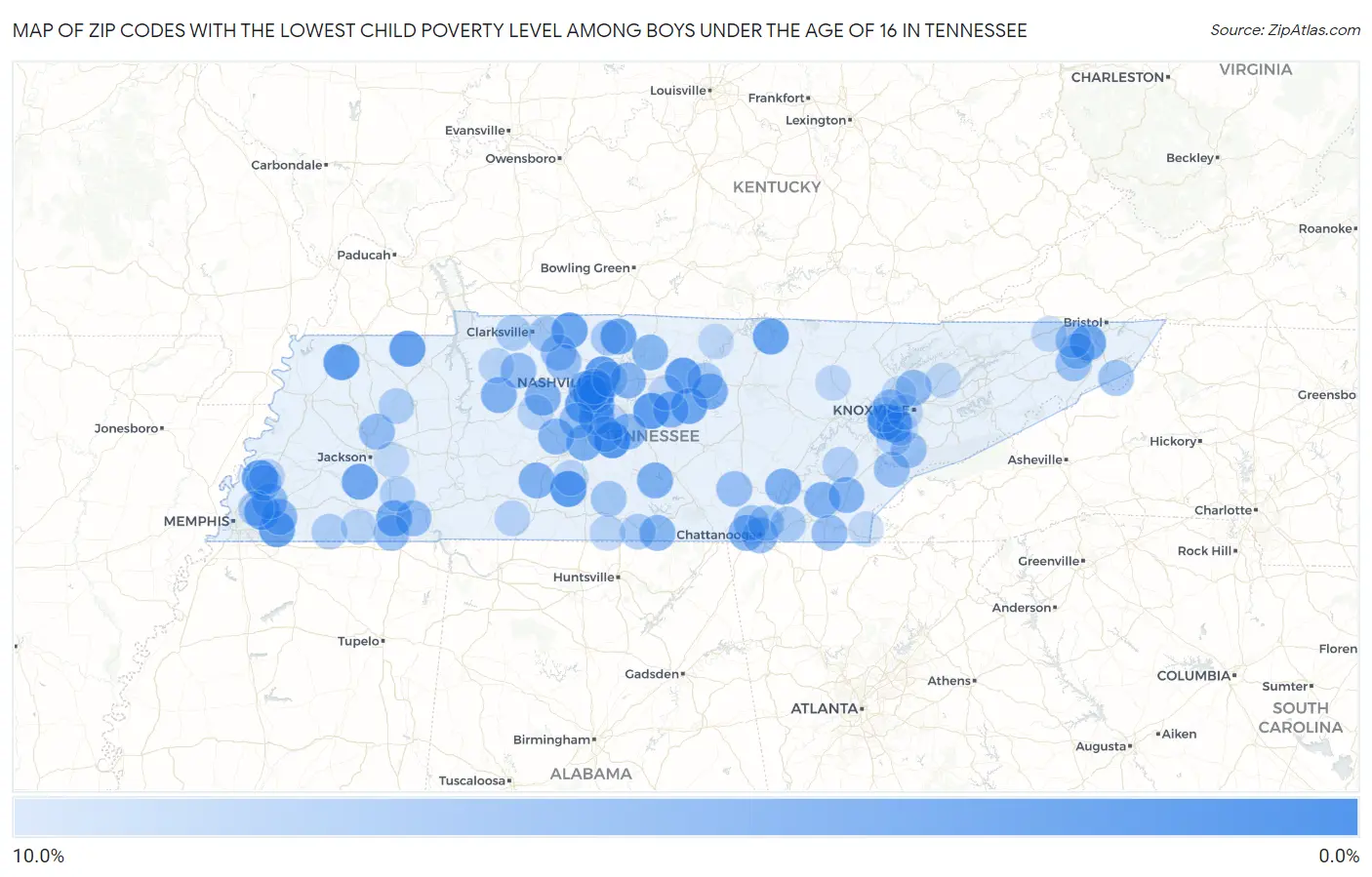 Zip Codes with the Lowest Child Poverty Level Among Boys Under the Age of 16 in Tennessee Map