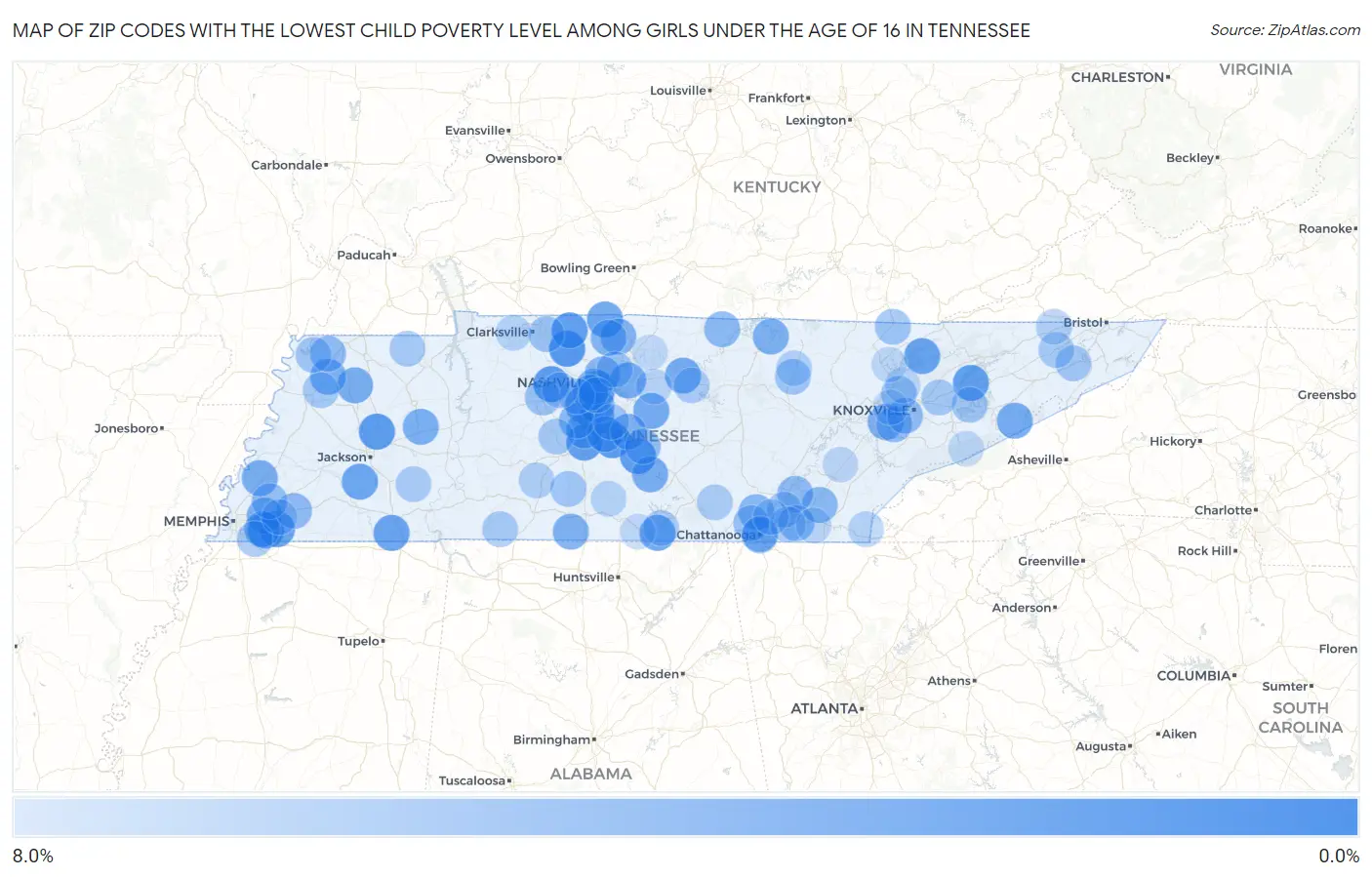 Zip Codes with the Lowest Child Poverty Level Among Girls Under the Age of 16 in Tennessee Map