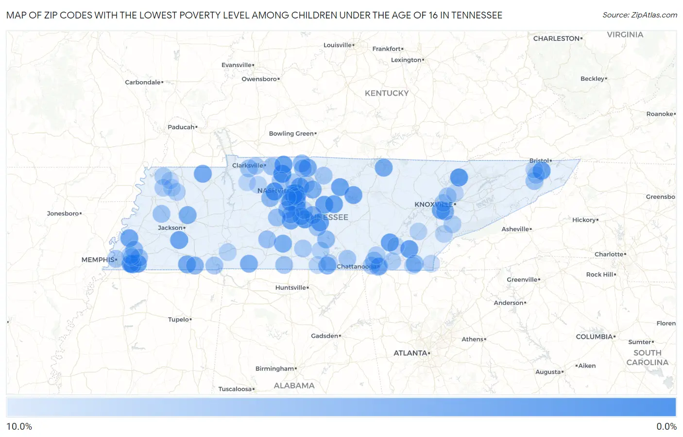 Zip Codes with the Lowest Poverty Level Among Children Under the Age of 16 in Tennessee Map