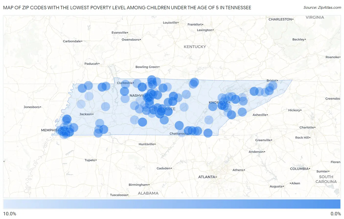 Zip Codes with the Lowest Poverty Level Among Children Under the Age of 5 in Tennessee Map