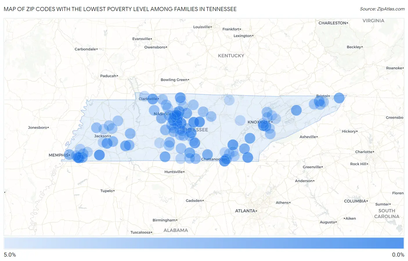 Zip Codes with the Lowest Poverty Level Among Families in Tennessee Map