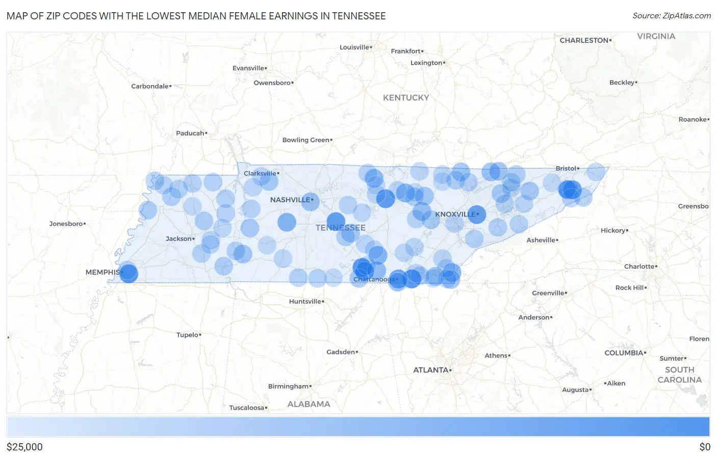 Zip Codes with the Lowest Median Female Earnings in Tennessee Map