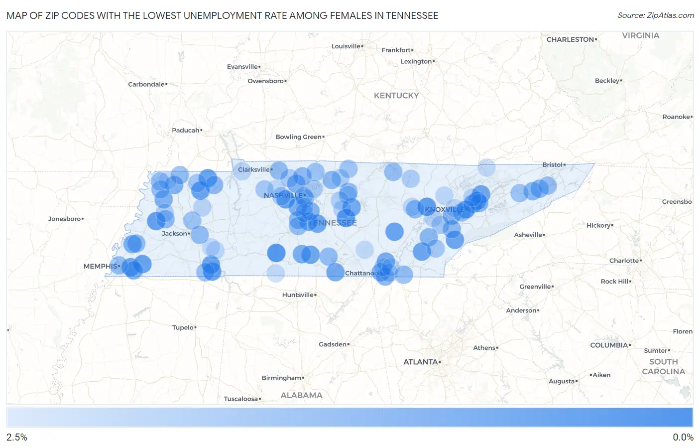 Zip Codes with the Lowest Unemployment Rate Among Females in Tennessee Map