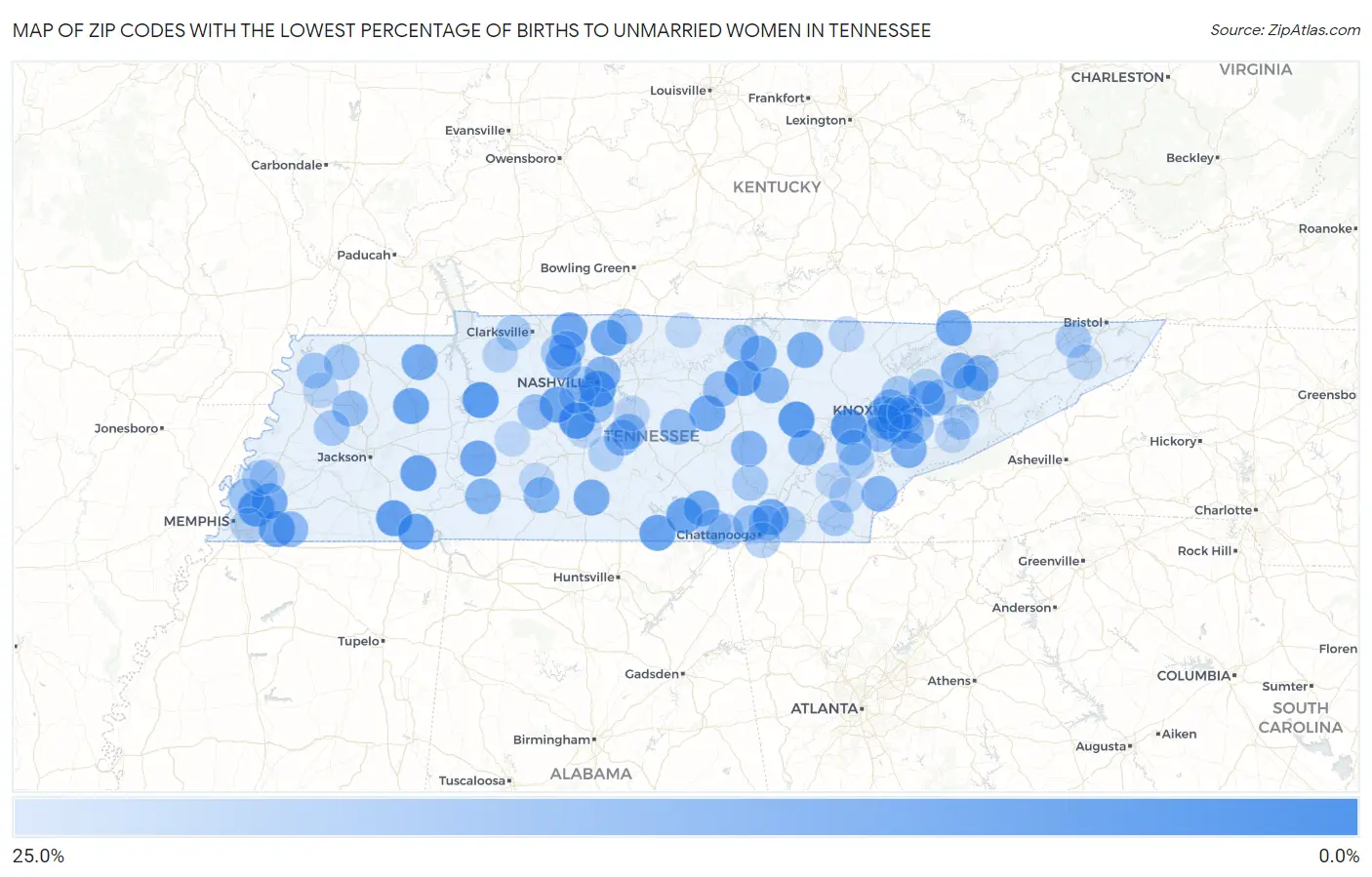Zip Codes with the Lowest Percentage of Births to Unmarried Women in Tennessee Map