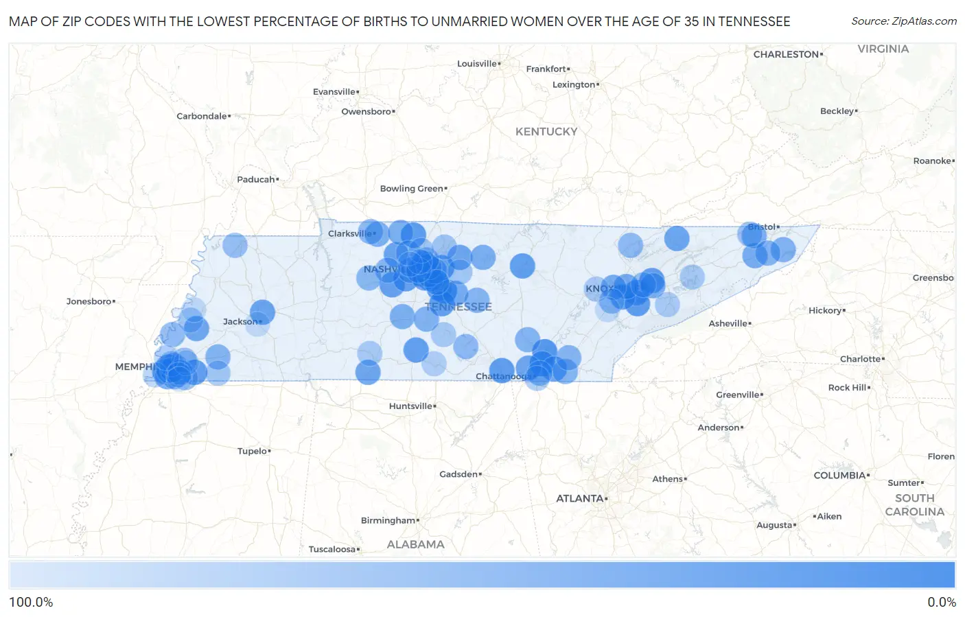 Zip Codes with the Lowest Percentage of Births to Unmarried Women over the Age of 35 in Tennessee Map