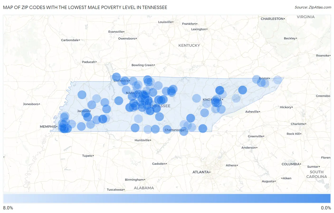 Zip Codes with the Lowest Male Poverty Level in Tennessee Map