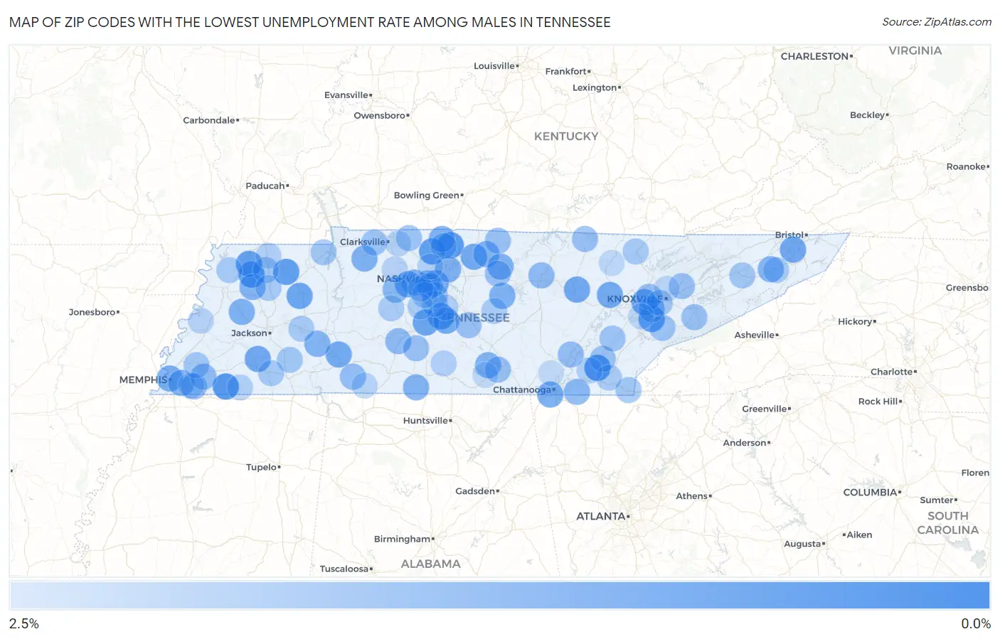 Zip Codes with the Lowest Unemployment Rate Among Males in Tennessee Map