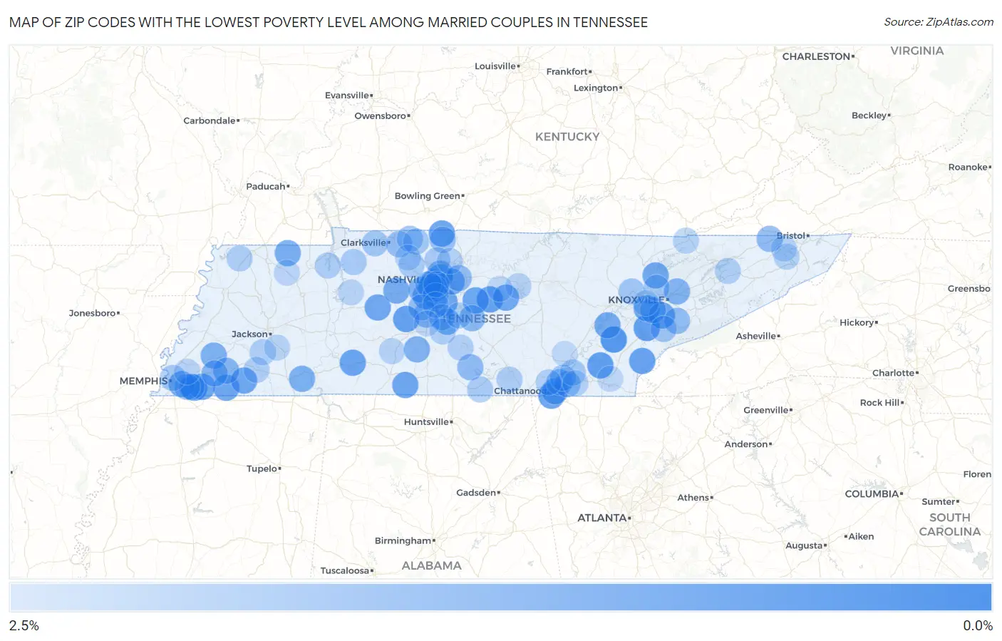 Zip Codes with the Lowest Poverty Level Among Married Couples in Tennessee Map