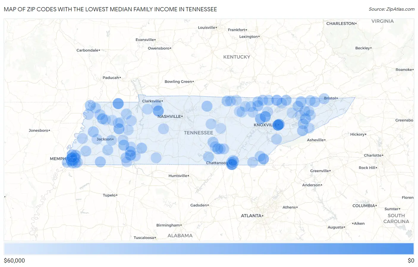 Zip Codes with the Lowest Median Family Income in Tennessee Map