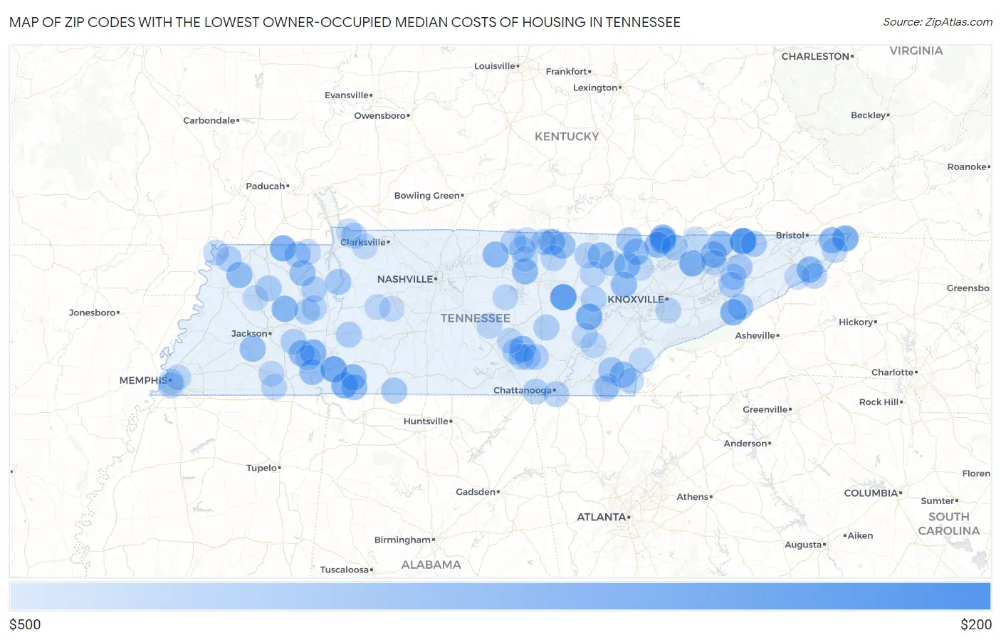Zip Codes with the Lowest Owner-Occupied Median Costs of Housing in Tennessee Map