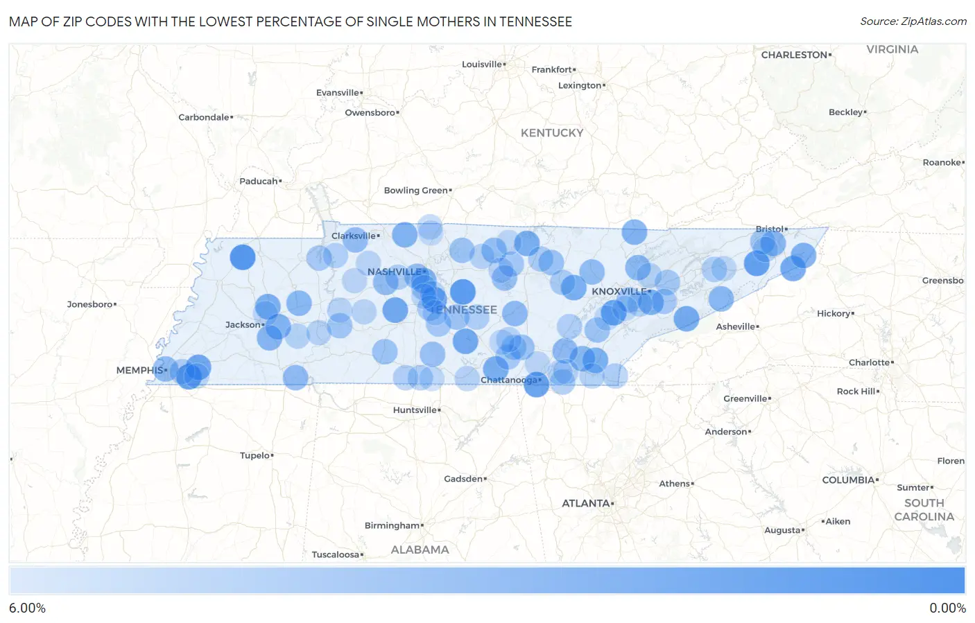 Zip Codes with the Lowest Percentage of Single Mothers in Tennessee Map