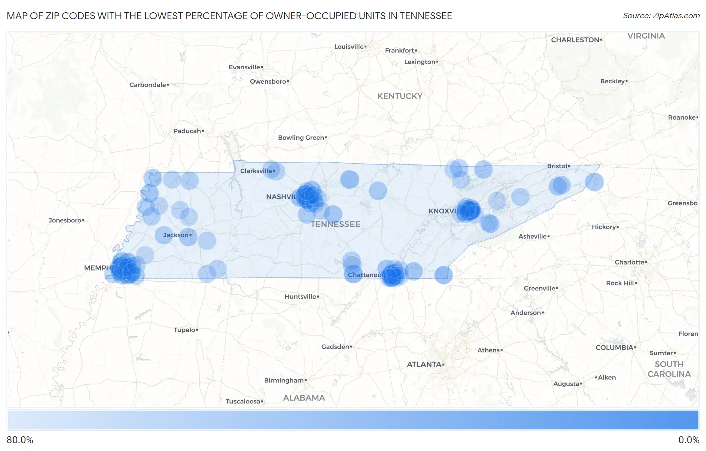 Zip Codes with the Lowest Percentage of Owner-Occupied Units in Tennessee Map