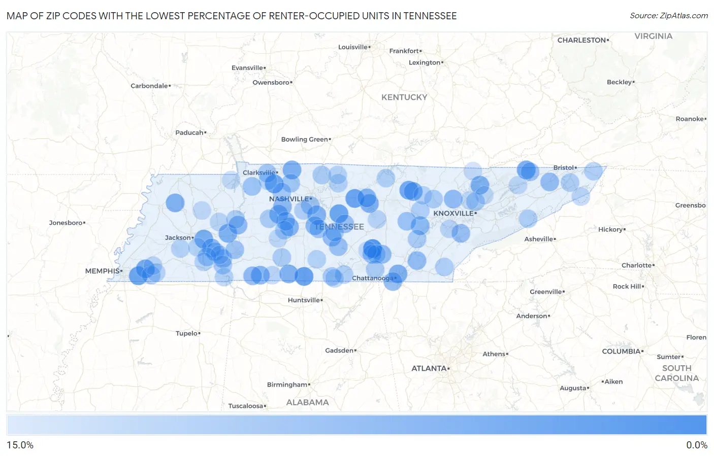 Zip Codes with the Lowest Percentage of Renter-Occupied Units in Tennessee Map