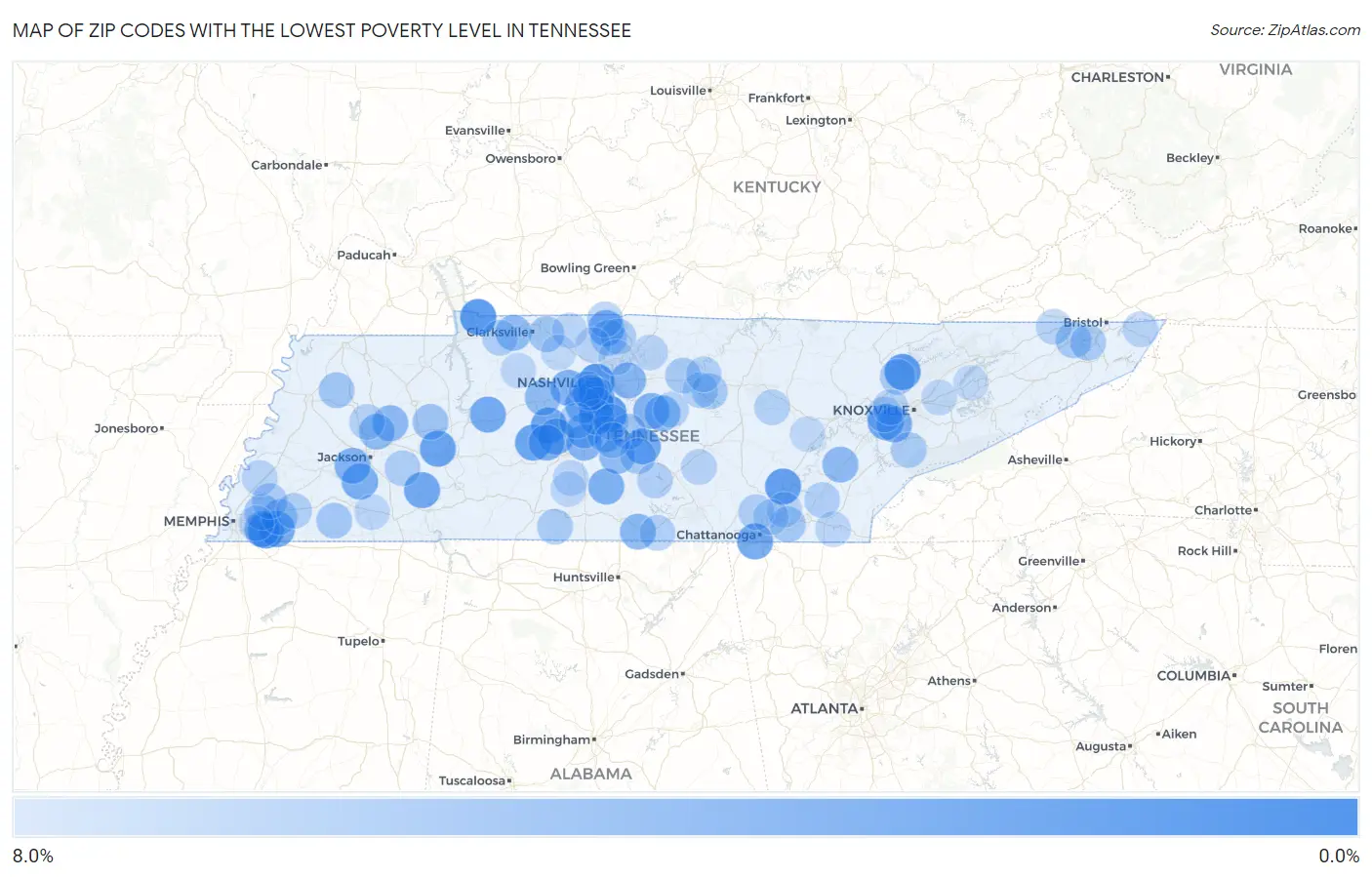 Zip Codes with the Lowest Poverty Level in Tennessee Map