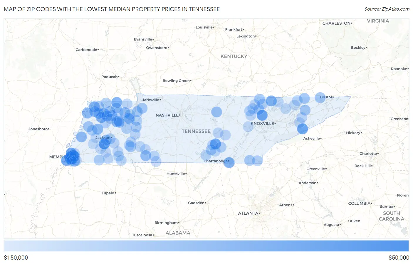 Zip Codes with the Lowest Median Property Prices in Tennessee Map