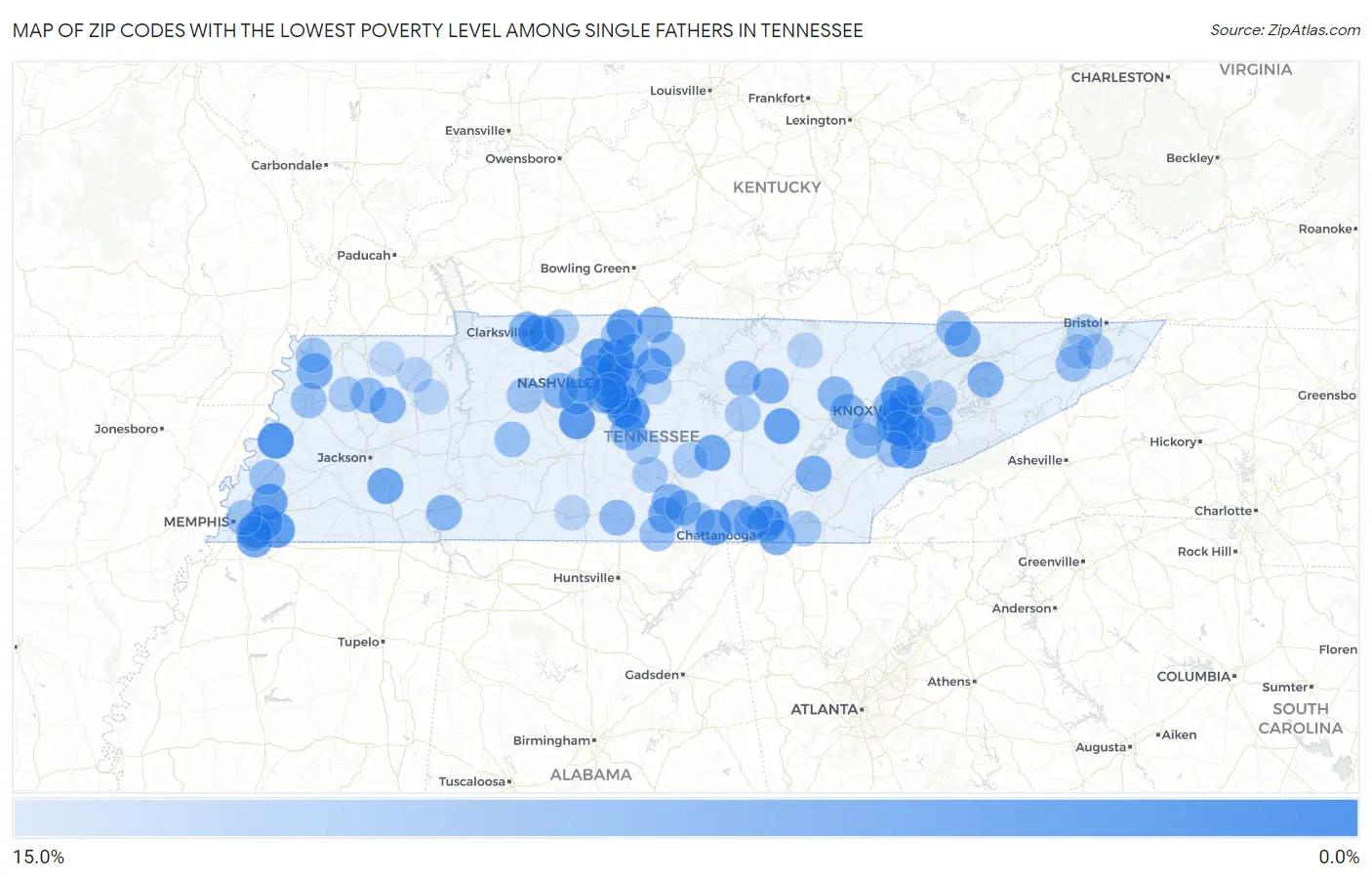 Zip Codes with the Lowest Poverty Level Among Single Fathers in Tennessee Map